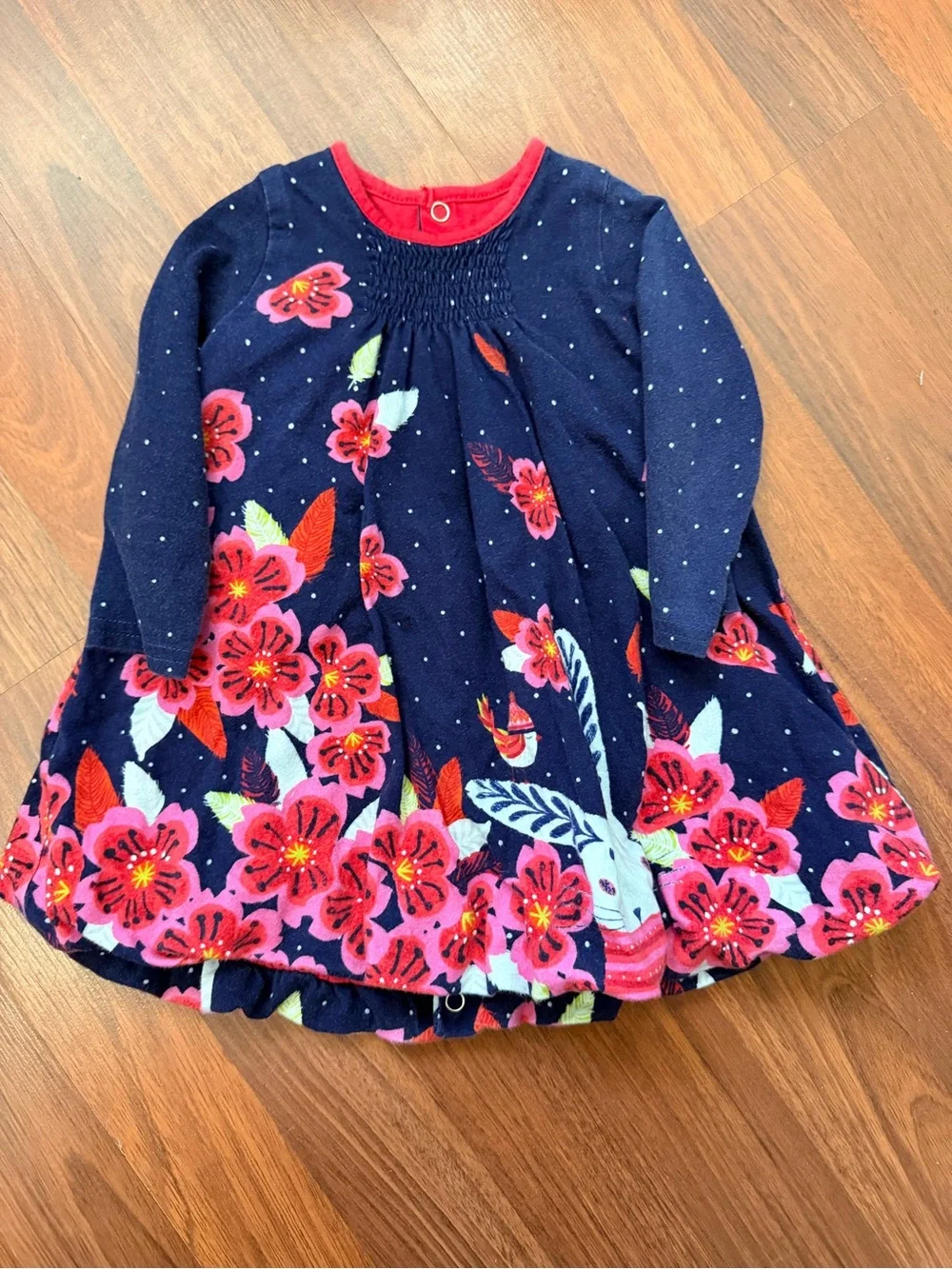 Catimini Navy Knit Dress with Red & Pink Floral Border